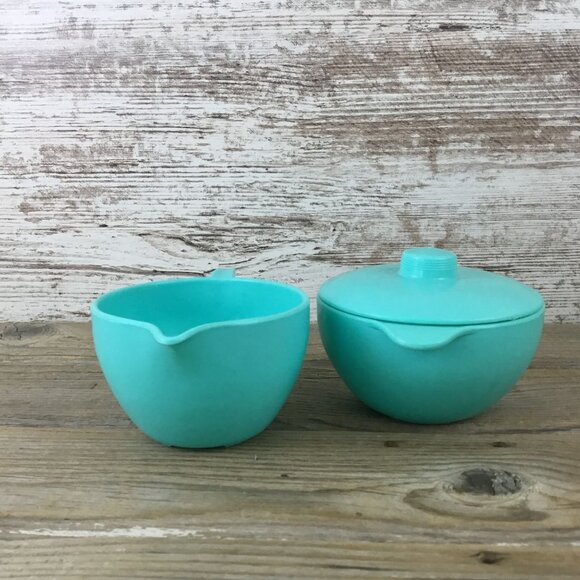 Vintage Lustro-Ware Turquoise Creamer & Sugar Bowl with Lid – Plastic USA MCM - Picture 4 of 8